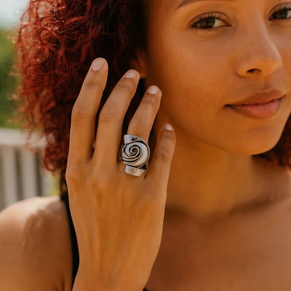 Vintage Swirl Fork Ring Iridescent Stone Handmade Unique Artisan Statement - Picture 2 of 11